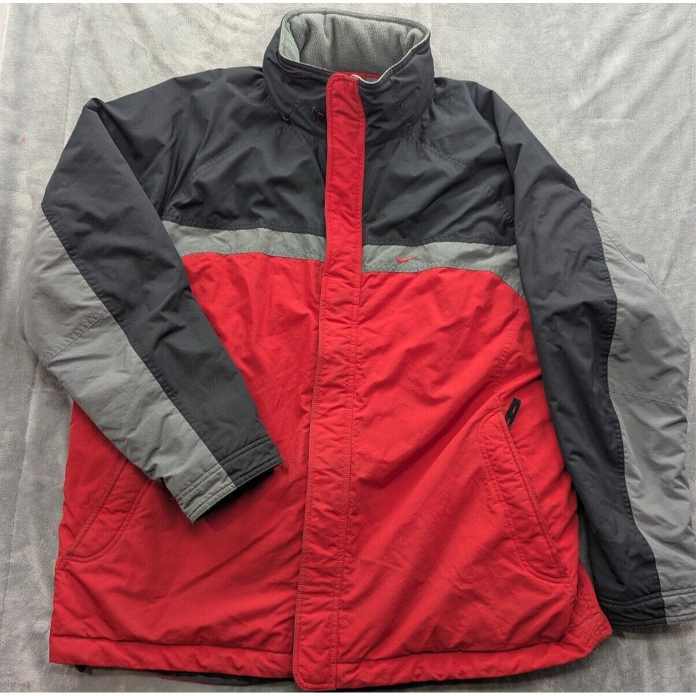 Vintage Y2K Nike Red Black Gray Hooded Fleece Lined Jacket Winter Coat Size 2XL
